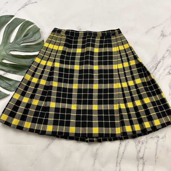 Peter Mac Arthur Womens Vintage Tartan Plaid Pleated Skirt Size M Yellow Black - Picture 1 of 9
